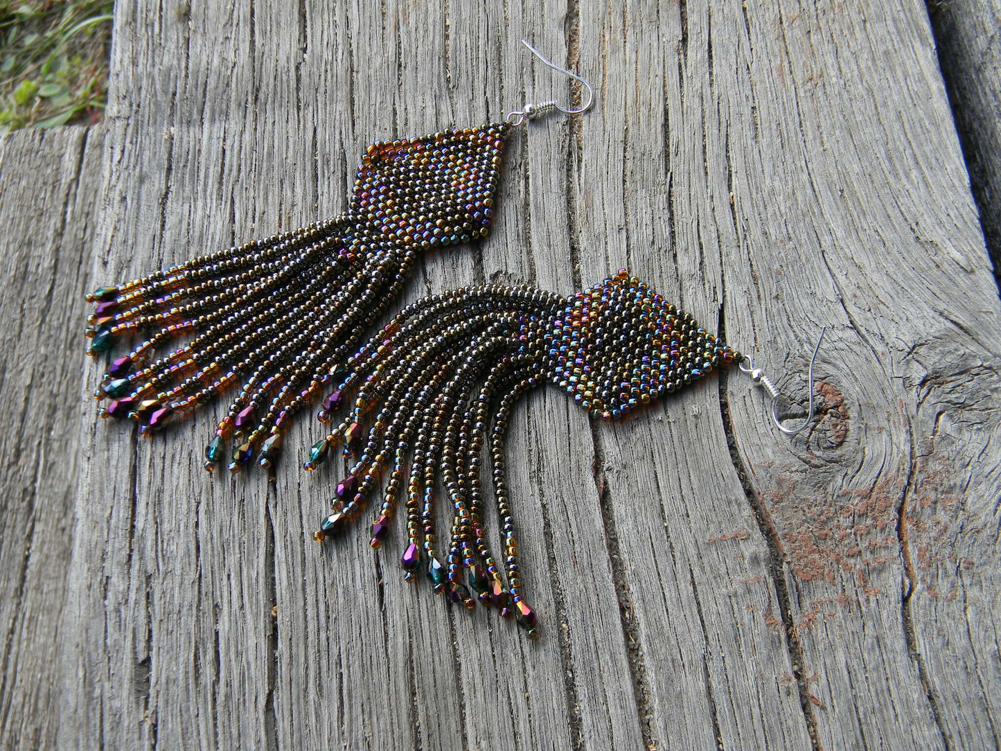 Beaded Dangling earrings , Seed bead earrings, Gift for Her, Fringe bead earrings, Boho earrings, brown, copper