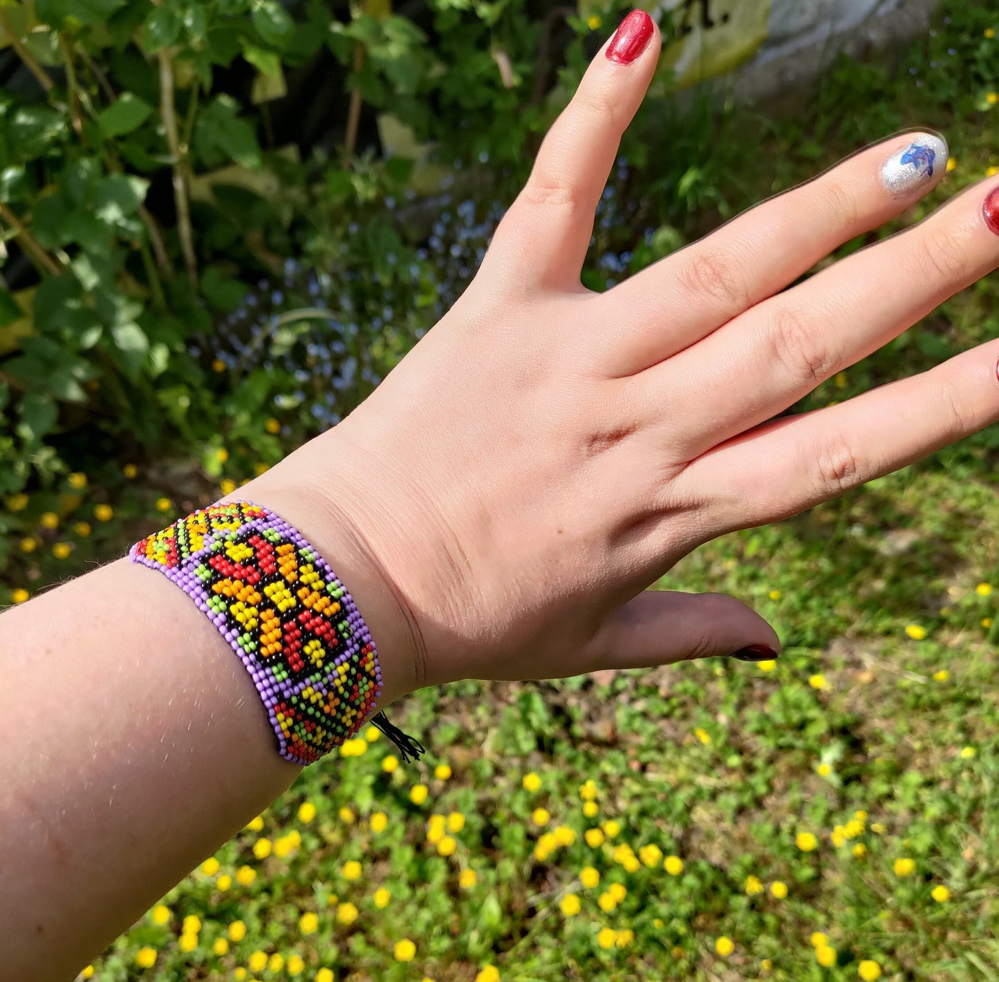 Ethnic Flower Woven Cuff, Floral Seed Bead Loomed Women Bracelet, Hand-woven Boho Chic Bohemian Nature Beaded Jewelry Lavender