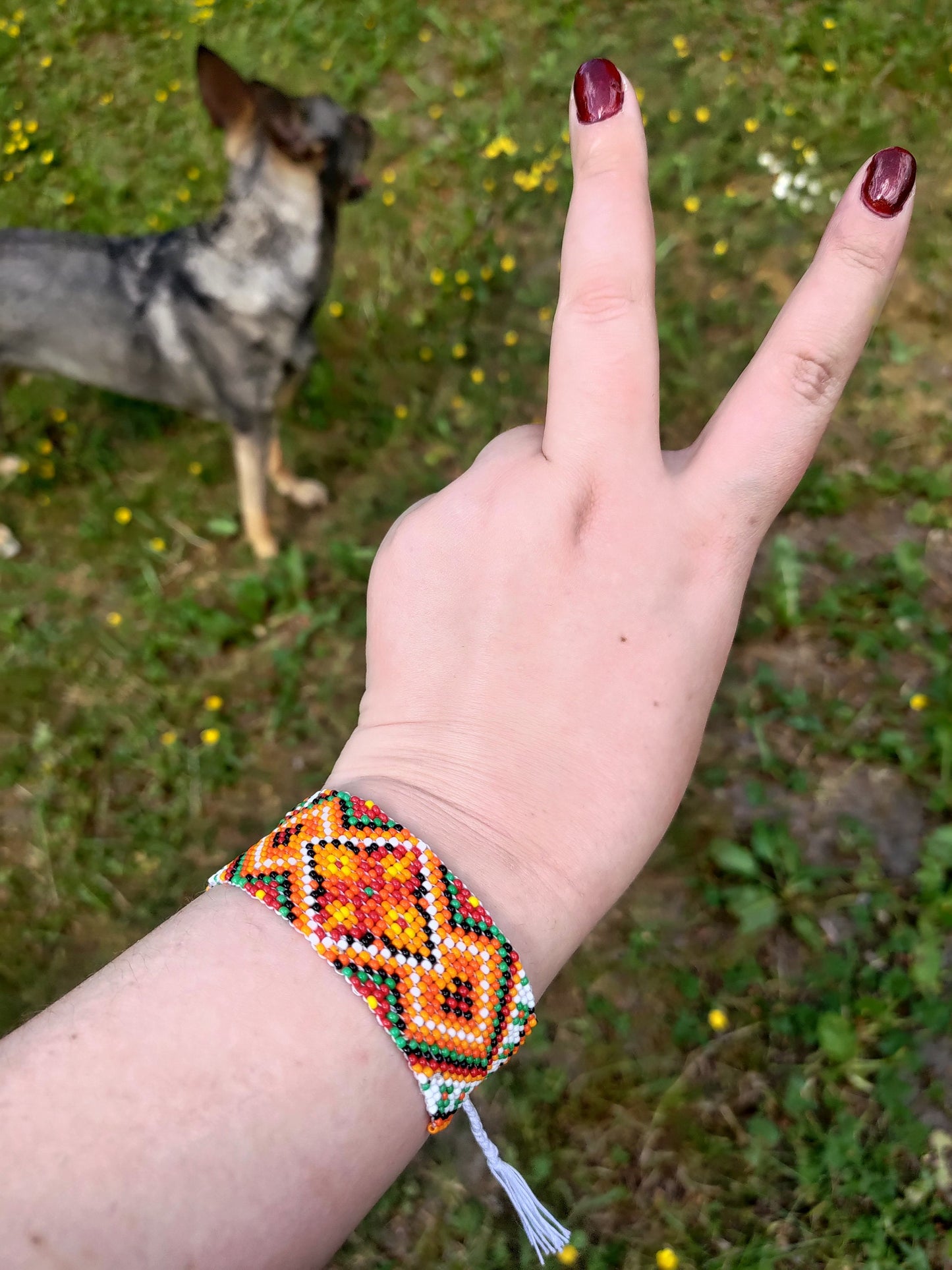 Seed Bead Loom Bracelet, Ethnic Large Cuff For Women, Traditional Seed Bead Bracelet, White Orange Black Green, Wide Woven, Boho Gift Her