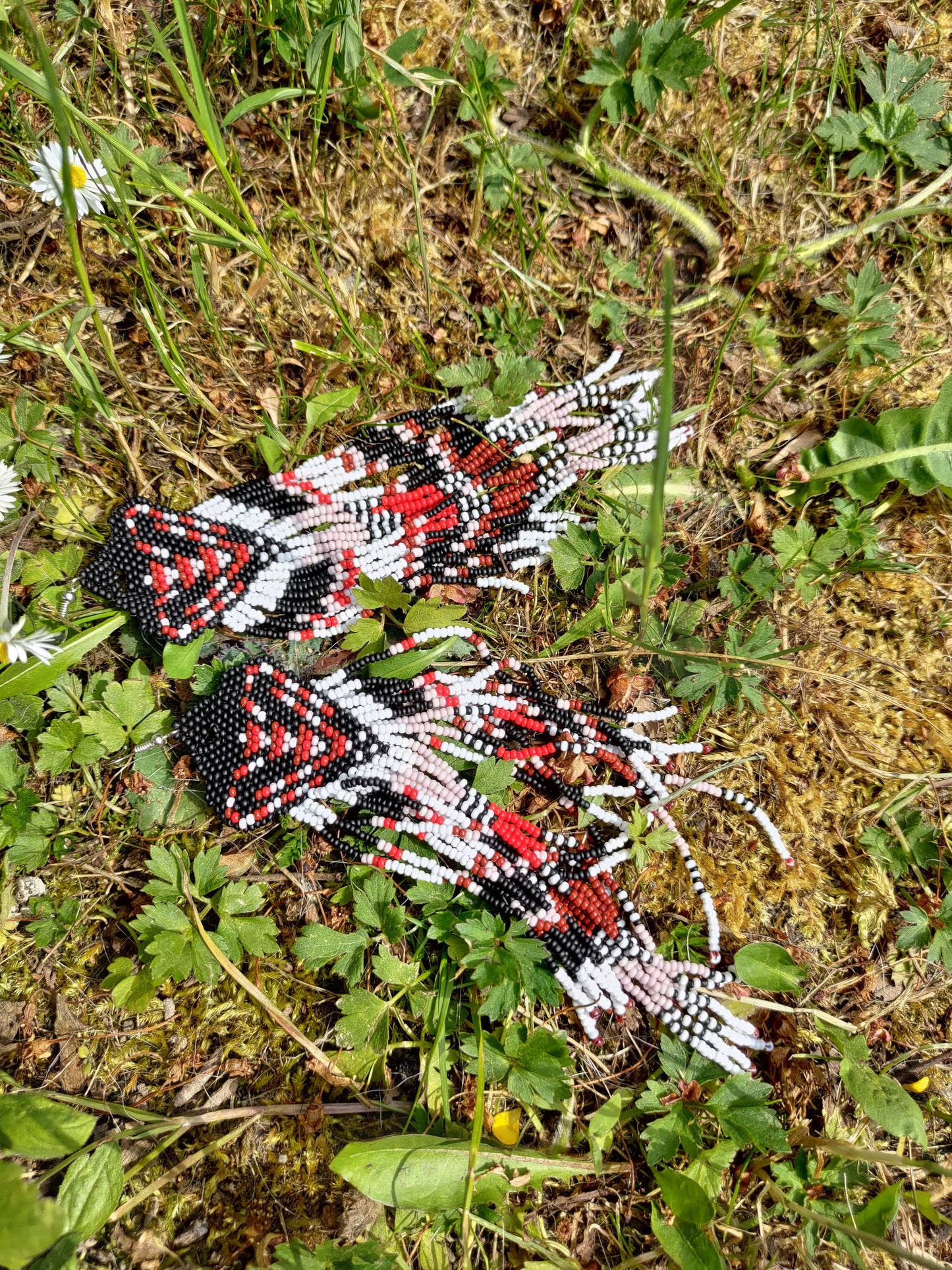 Seed Bead Fringe Earrings  Red Black White - Boho Statement Jewelry - Extra Long Beaded Earrings - Unique Gift for Her