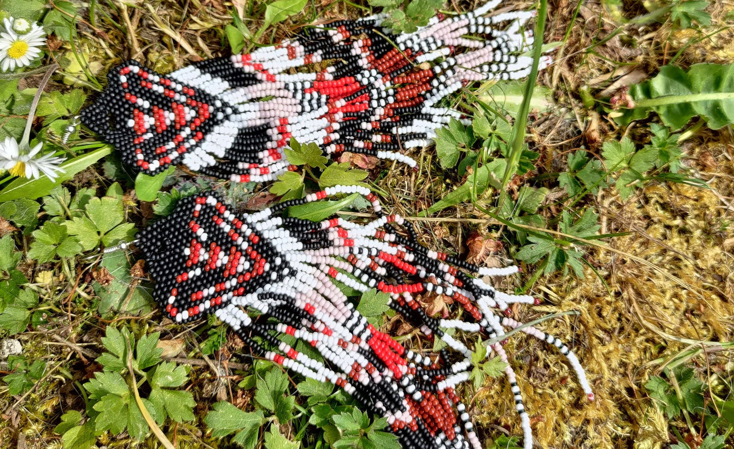 Seed Bead Fringe Earrings  Red Black White - Boho Statement Jewelry - Extra Long Beaded Earrings - Unique Gift for Her