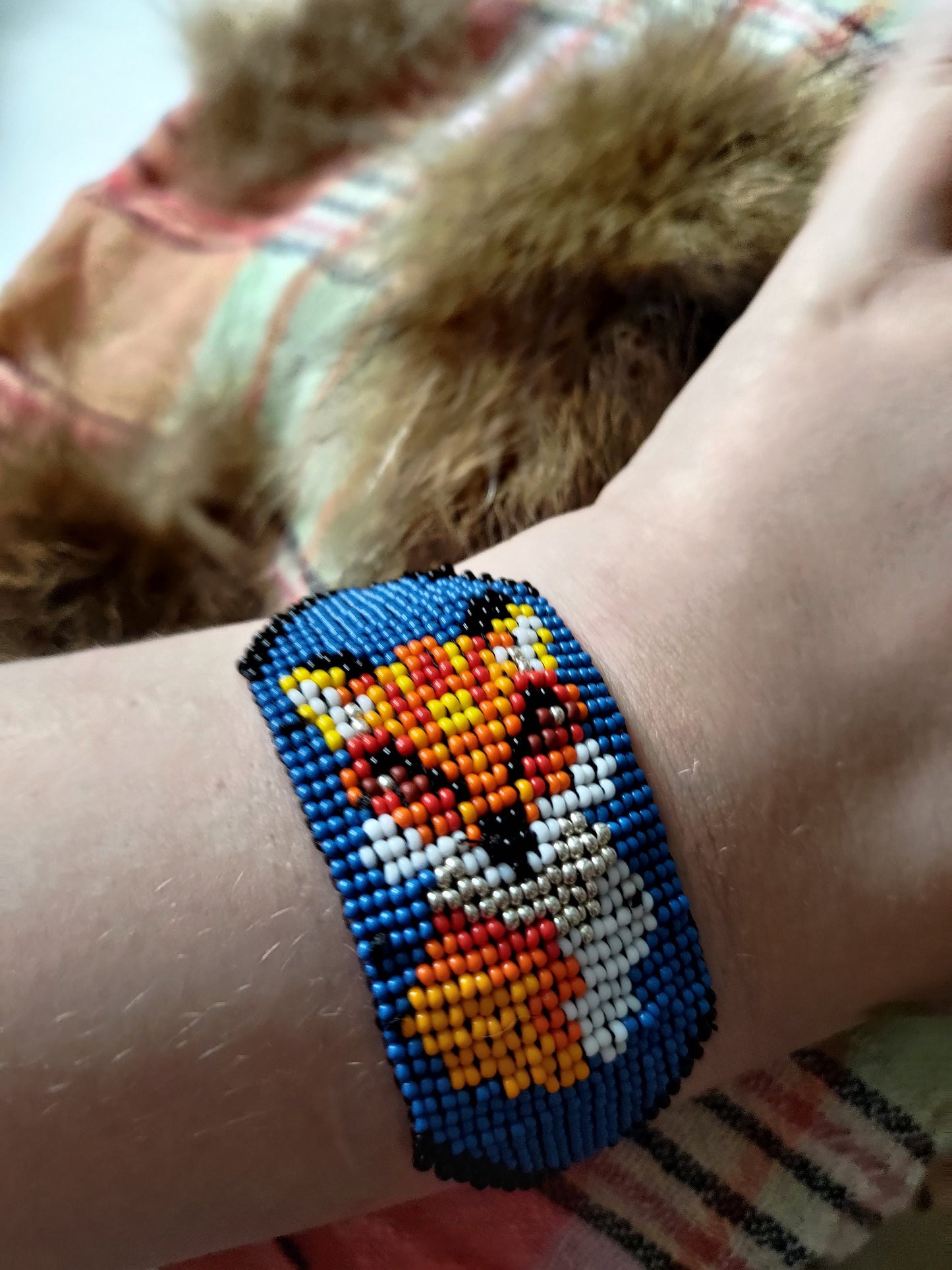 Handmade Wide Seed Bead Bracelet with Kitsune on Blue Background - Colorful and Pretty