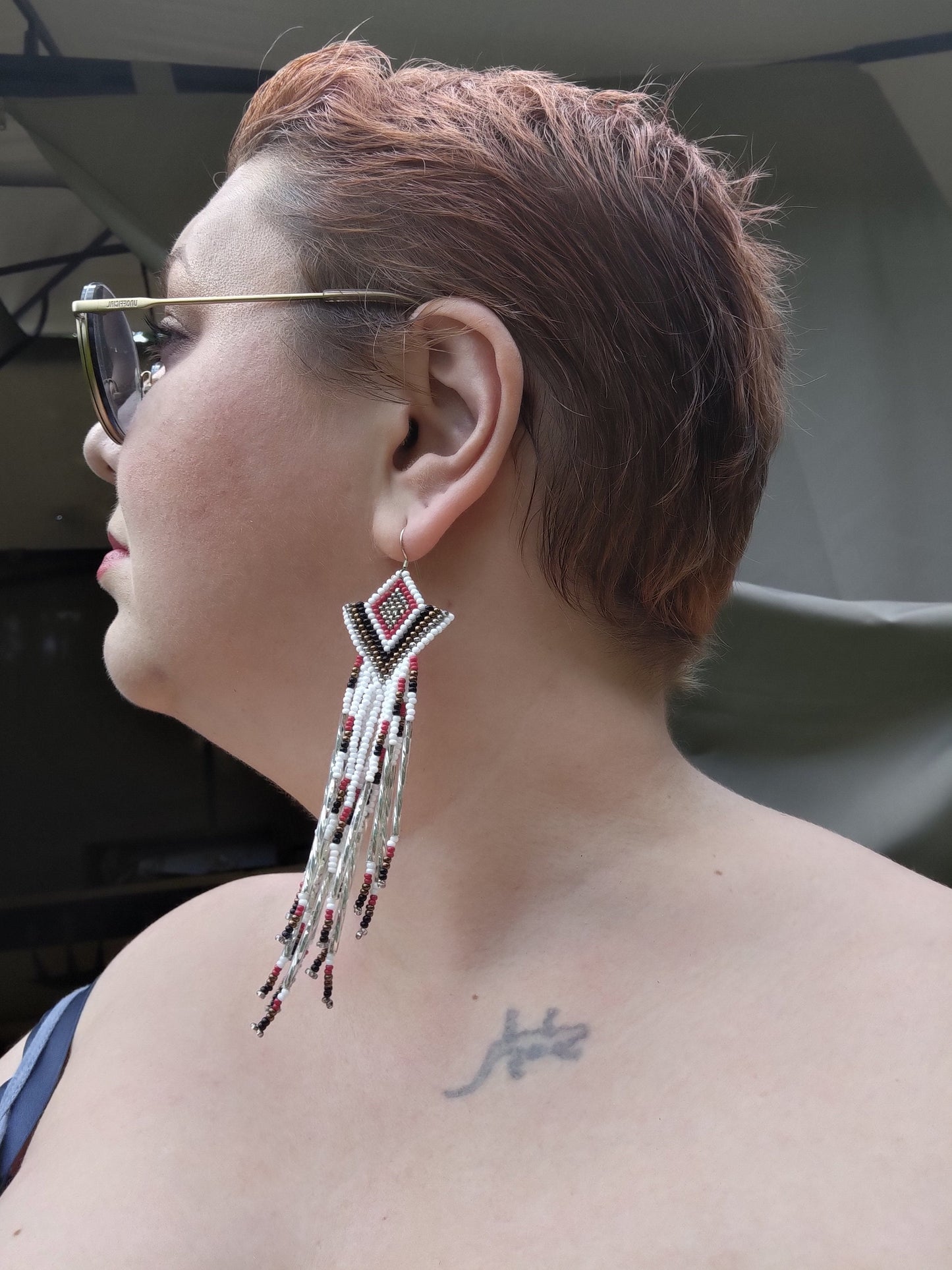 Unique Long Seed Bead Earrings in Geometric Cut Rombs Design - Red White Black Silver Bronze