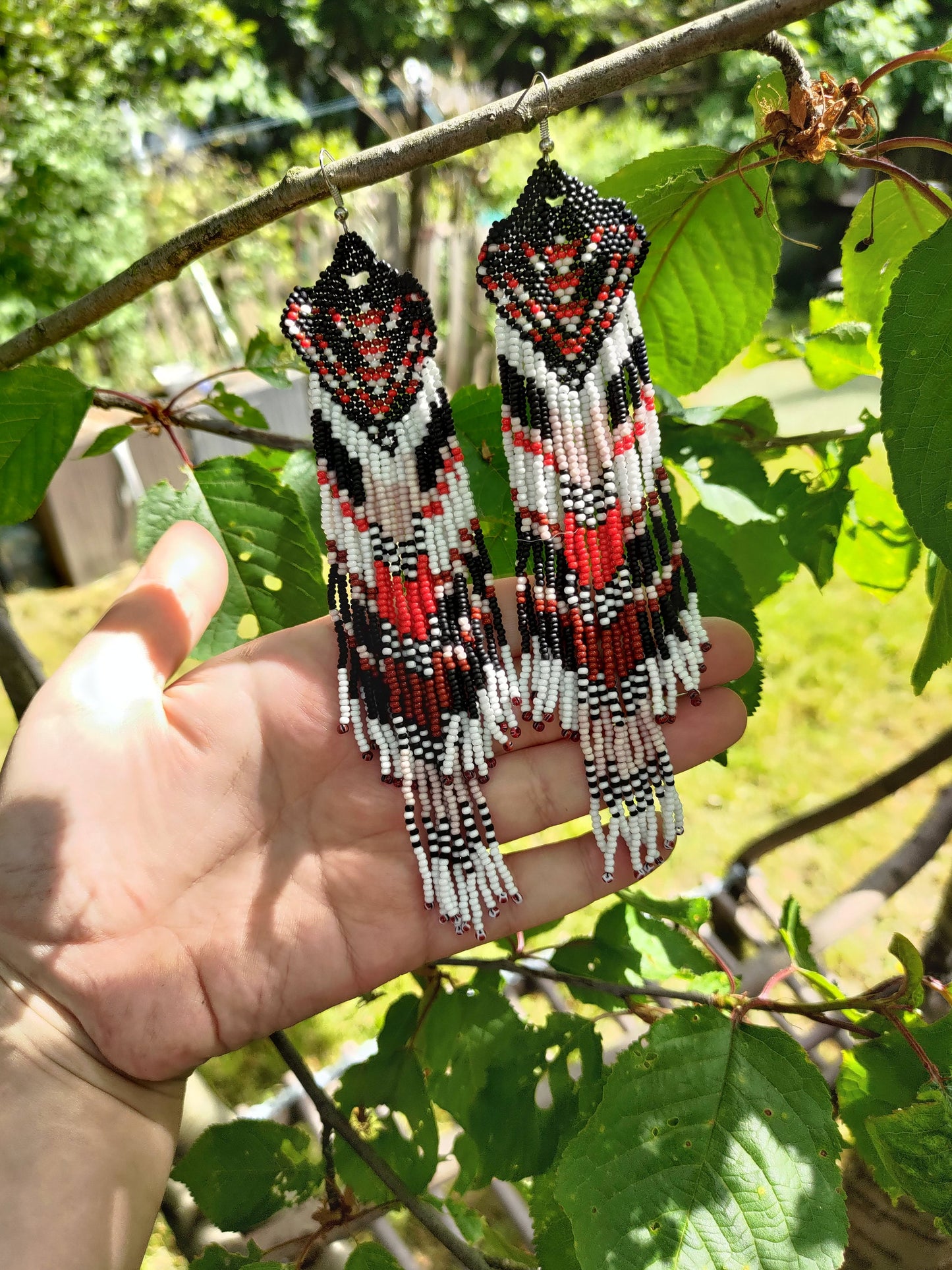 Seed Bead Fringe Earrings  Red Black White - Boho Statement Jewelry - Extra Long Beaded Earrings - Unique Gift for Her