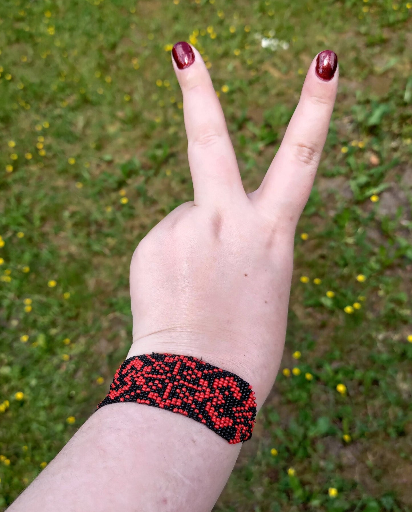 Handmade Geometric Tribal Bracelet in Red and Black, Seed Bead Jewelry, Unique Gift