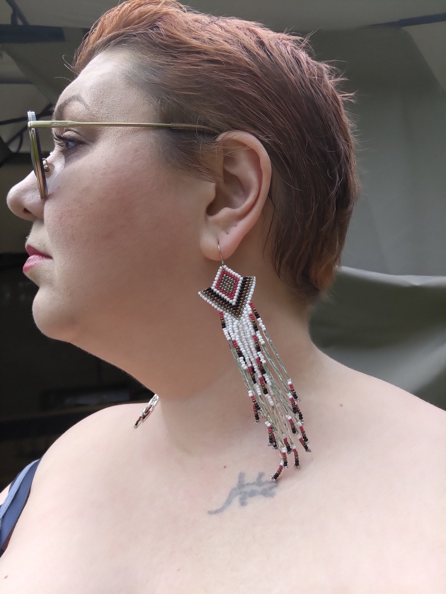 Unique Long Seed Bead Earrings in Geometric Cut Rombs Design - Red White Black Silver Bronze