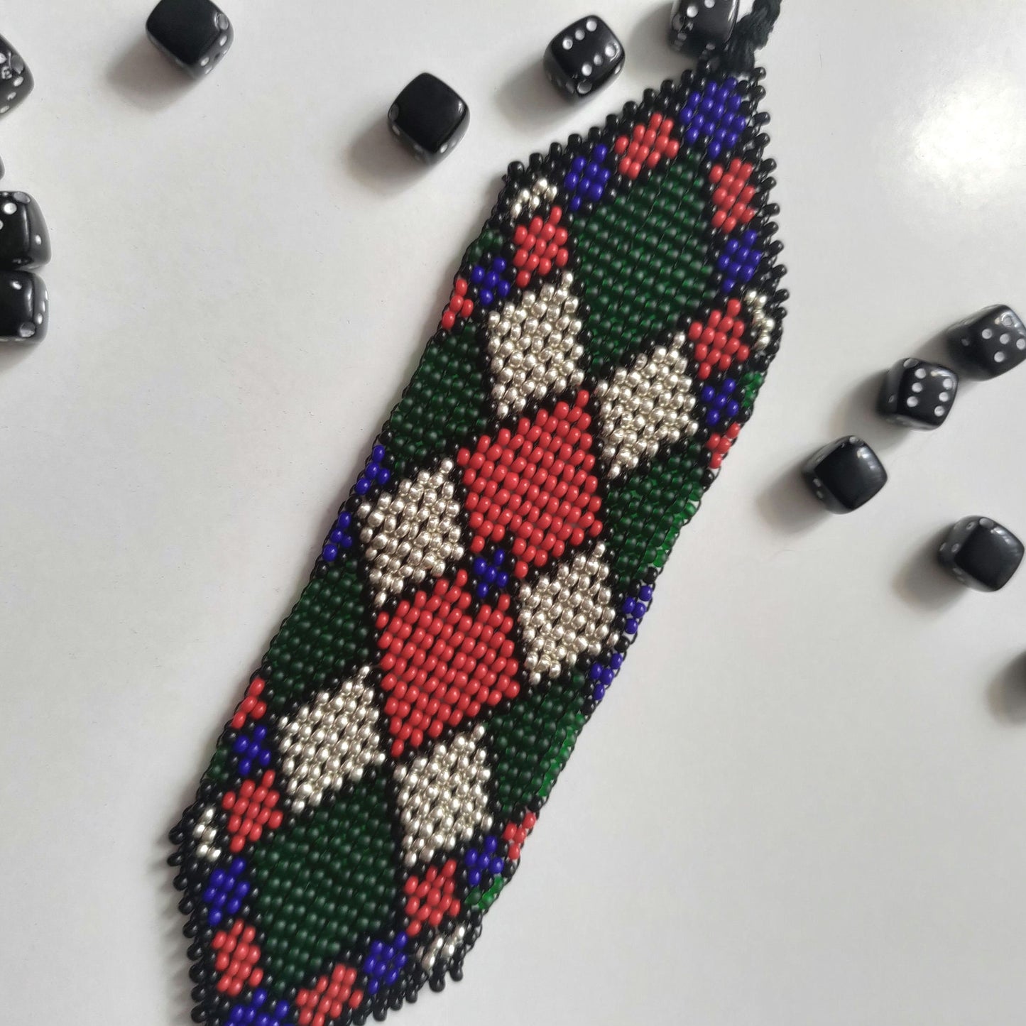 Chunky Beaded Bracelet in Silver, Red, Green, Blue - Geometric Design