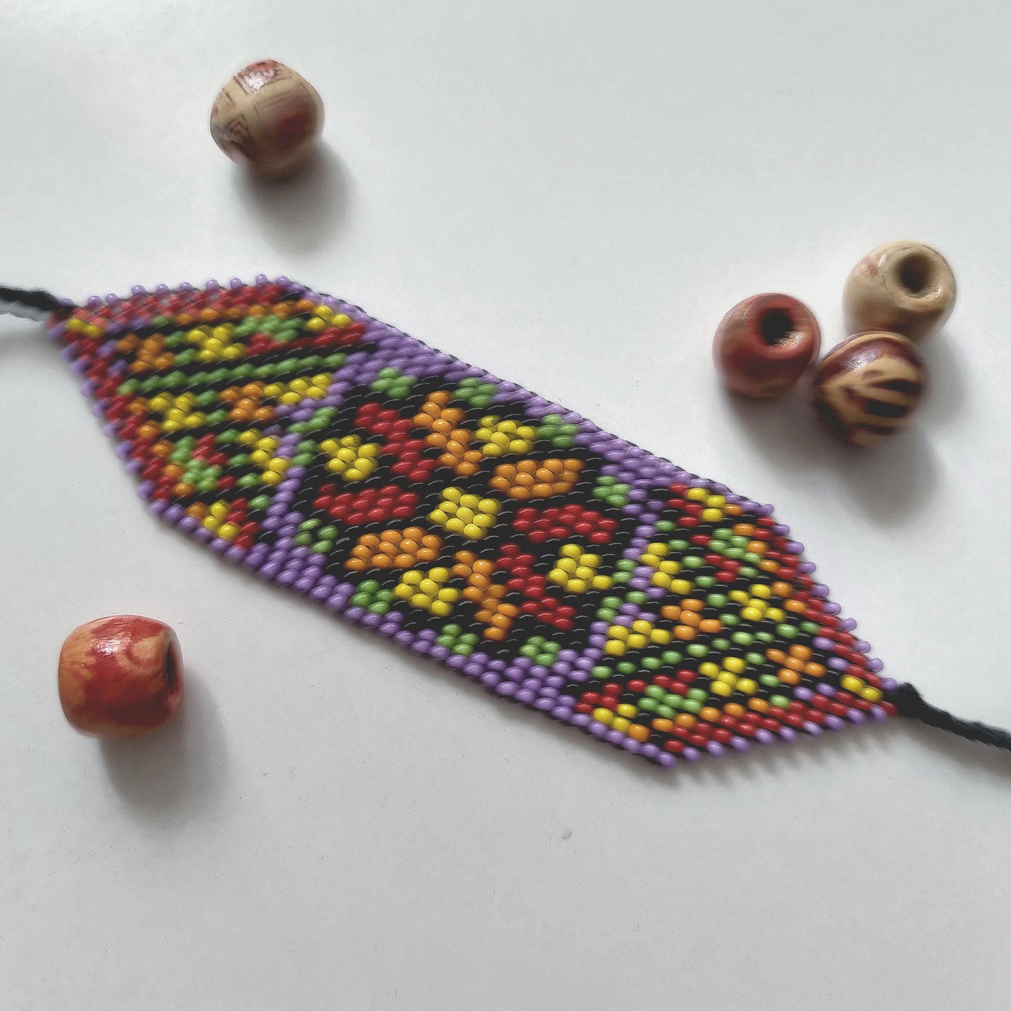 Ethnic Flower Woven Cuff, Floral Seed Bead Loomed Women Bracelet, Hand-woven Boho Chic Bohemian Nature Beaded Jewelry Lavender