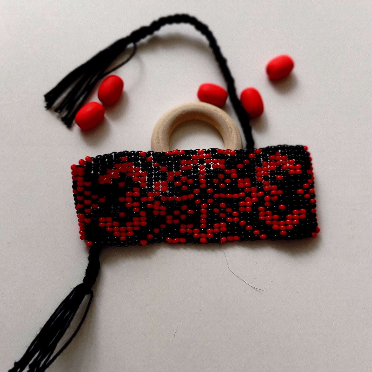 Handmade Geometric Tribal Bracelet in Red and Black, Seed Bead Jewelry, Unique Gift