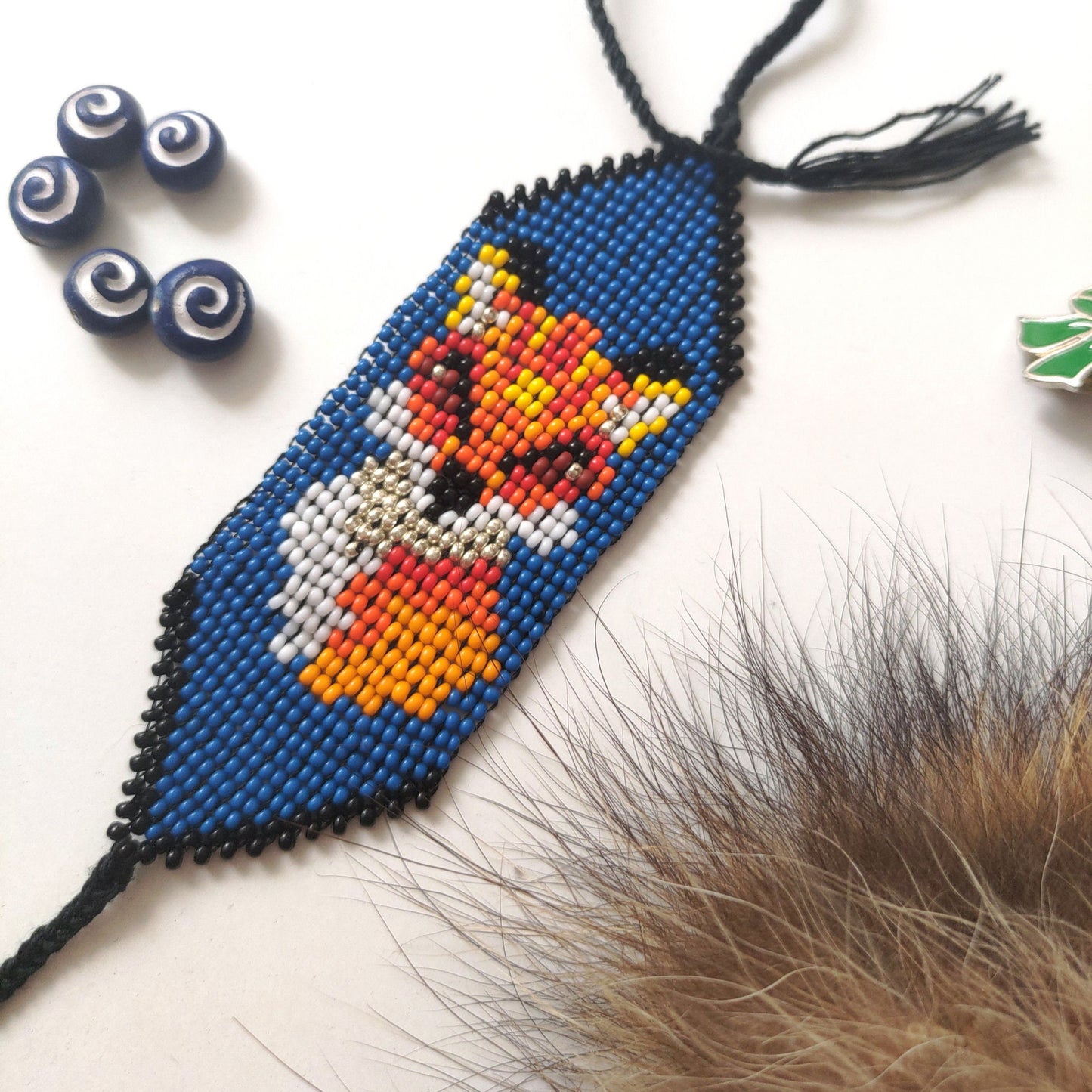 Handmade Wide Seed Bead Bracelet with Kitsune on Blue Background - Colorful and Pretty