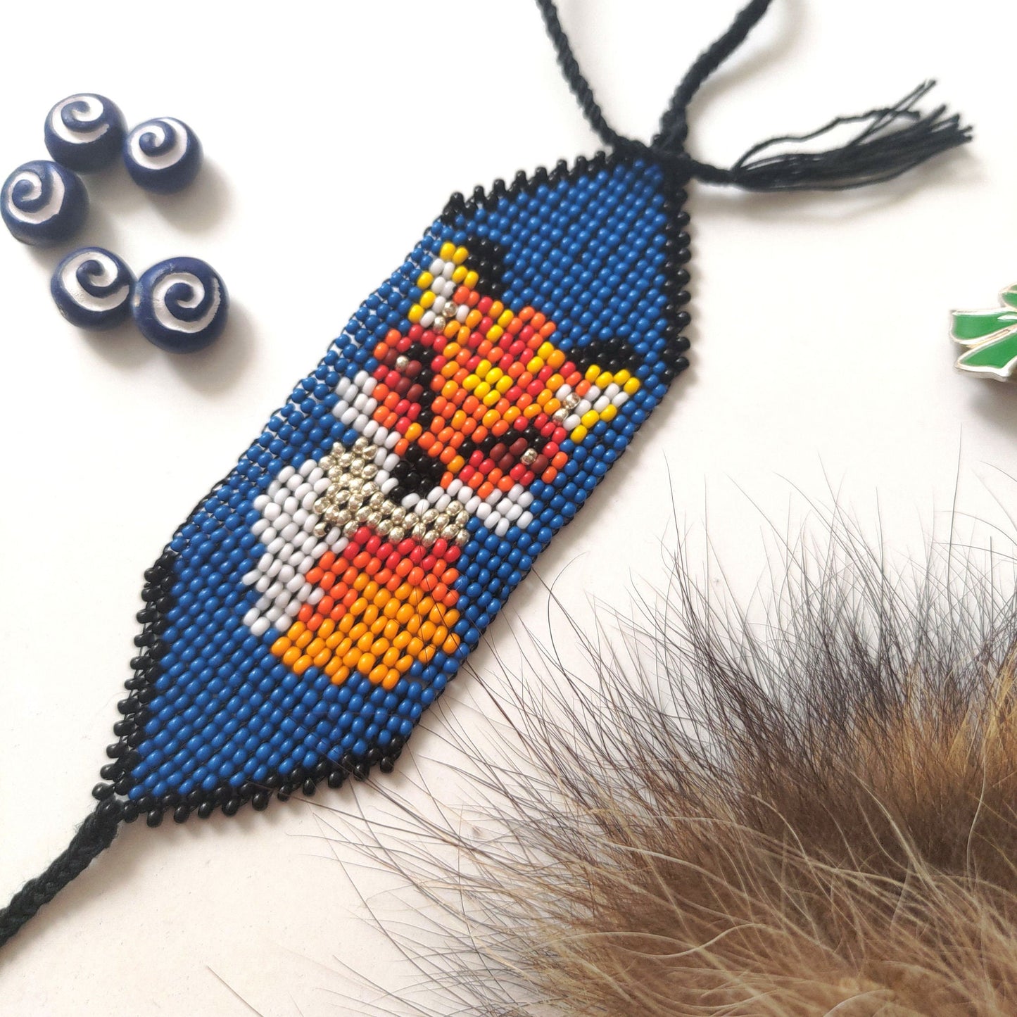 Handmade Wide Seed Bead Bracelet with Kitsune on Blue Background - Colorful and Pretty