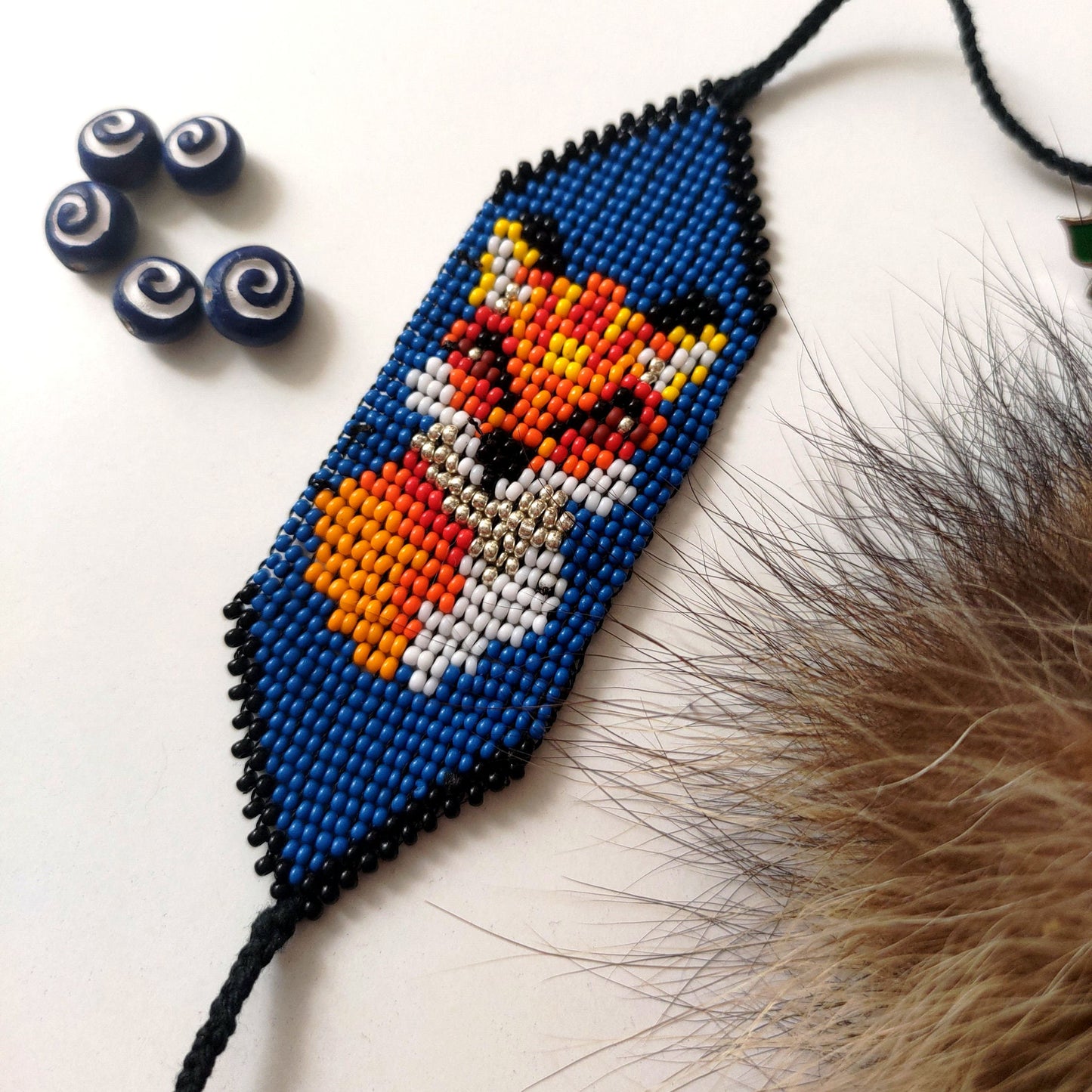 Handmade Wide Seed Bead Bracelet with Kitsune on Blue Background - Colorful and Pretty