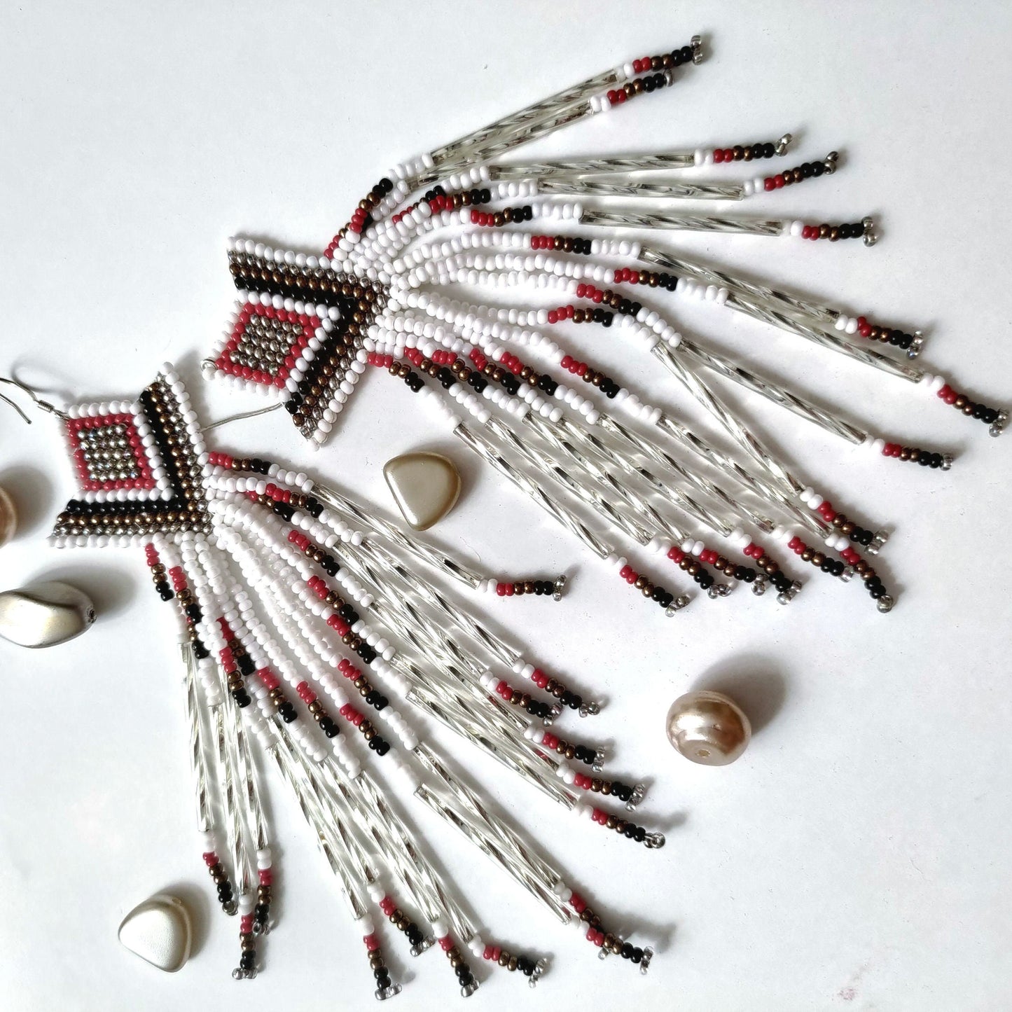 Unique Long Seed Bead Earrings in Geometric Cut Rombs Design - Red White Black Silver Bronze