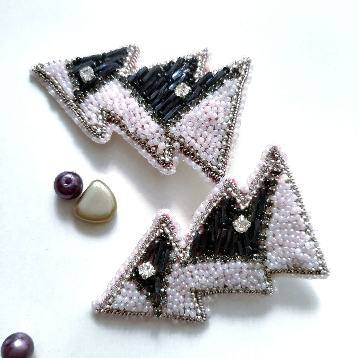 Lightweight Embroidered Earrings with Stud Closure - Black and White Geometric Pattern Inspired by Lightning