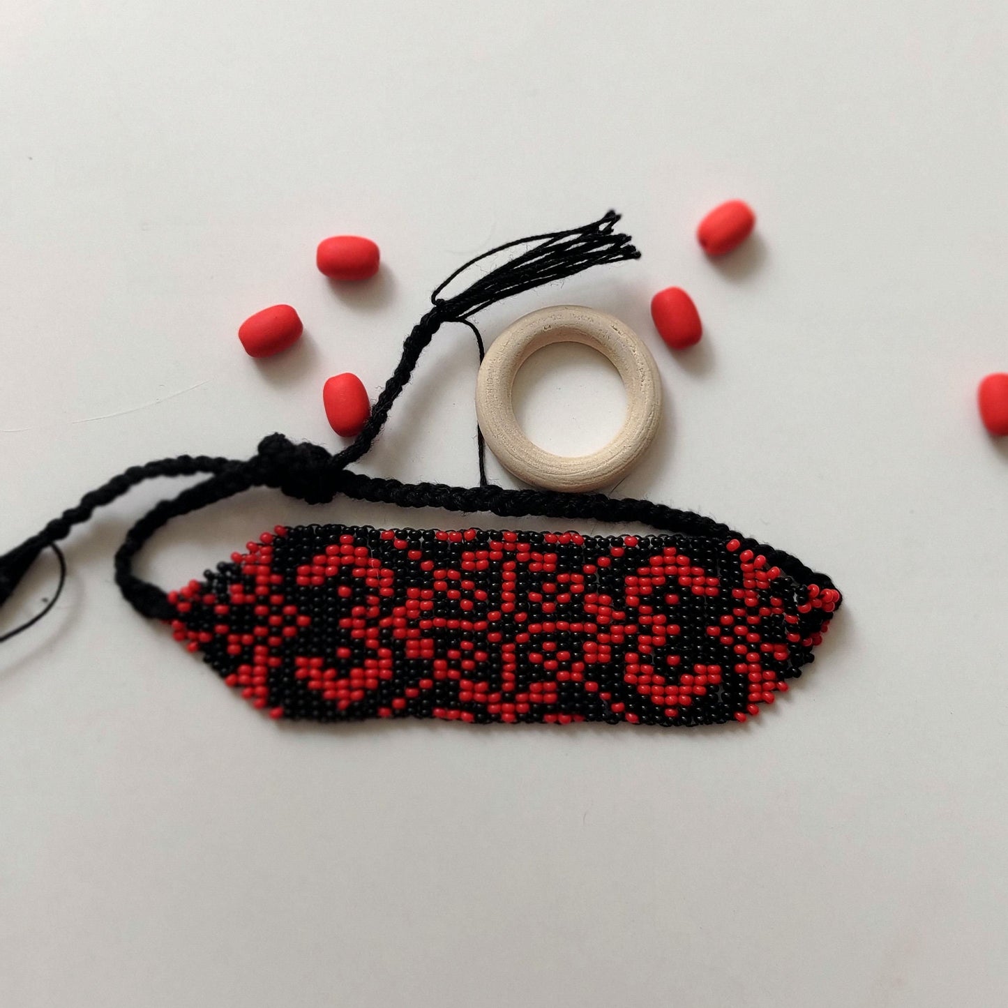 Handmade Geometric Tribal Bracelet in Red and Black, Seed Bead Jewelry, Unique Gift