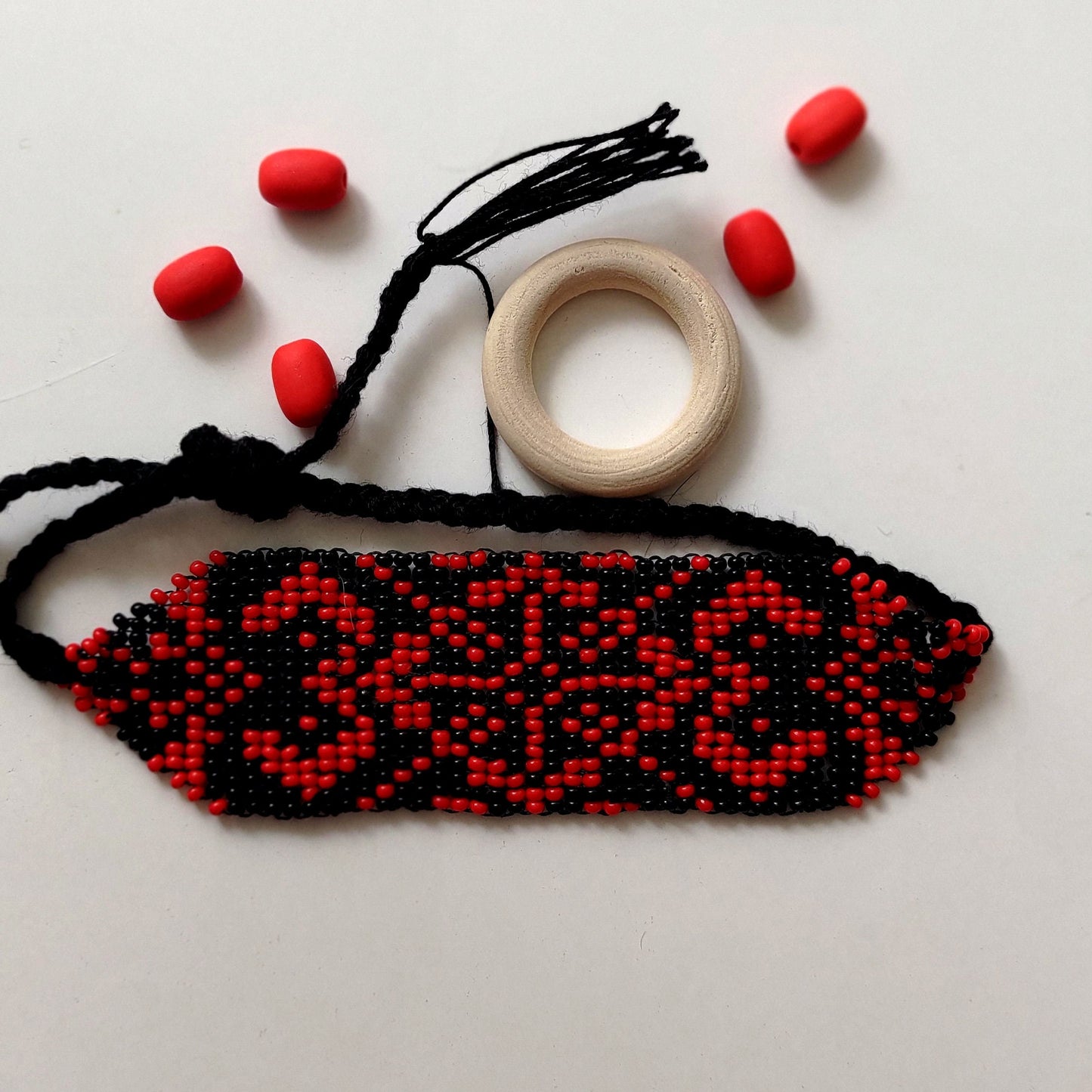 Handmade Geometric Tribal Bracelet in Red and Black, Seed Bead Jewelry, Unique Gift