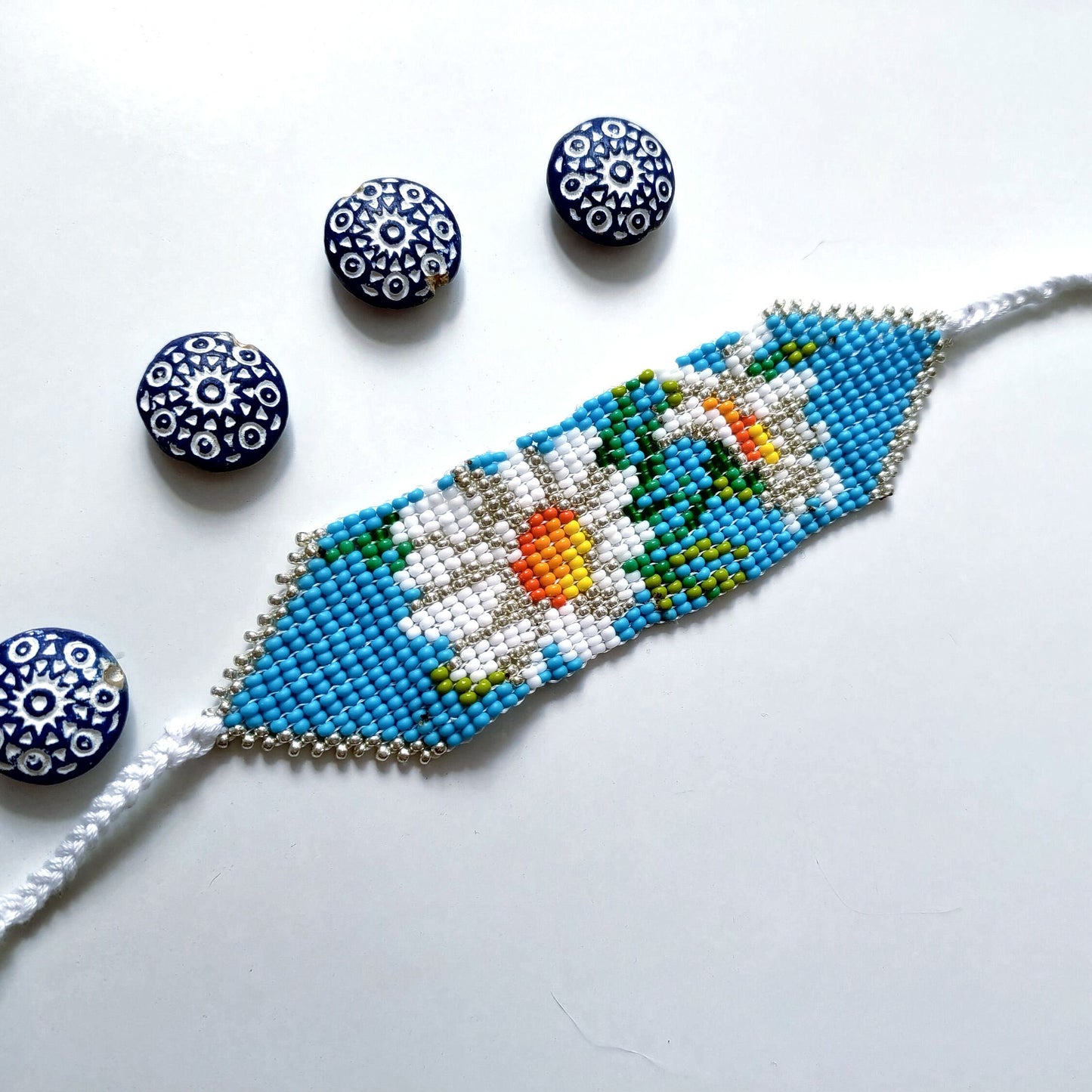 Hippie Beach Style Blue Cuff Bracelet with Daisies - Summer Jewelry