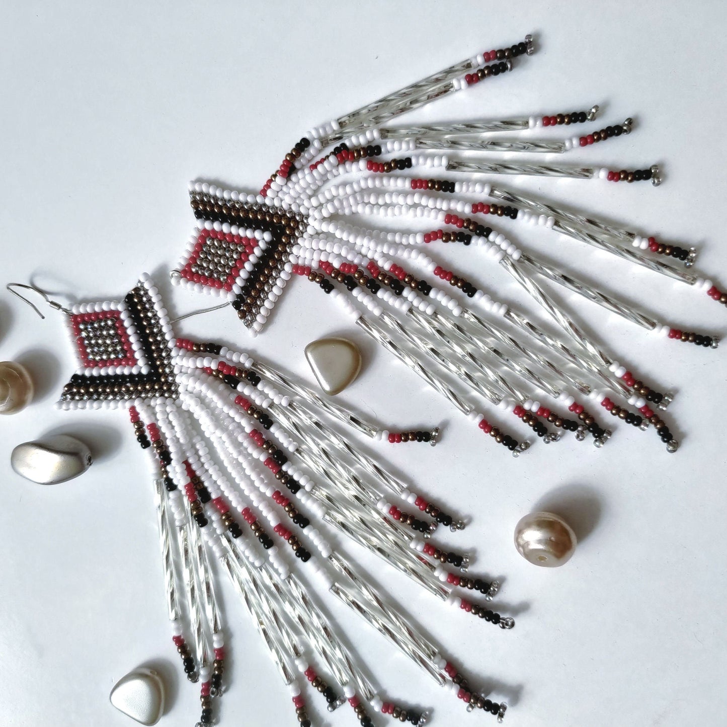 Unique Long Seed Bead Earrings in Geometric Cut Rombs Design - Red White Black Silver Bronze