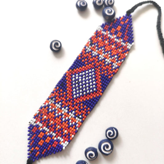 Wide Blue Red Seed Bead Bracelet - Handwoven Geometry Stack - Bohemian Chic Adjustable Style