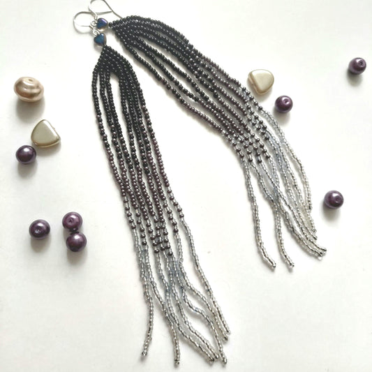 Elegant Black and Silver Seed Bead Earrings - Lightweight and Extra Long Dangles