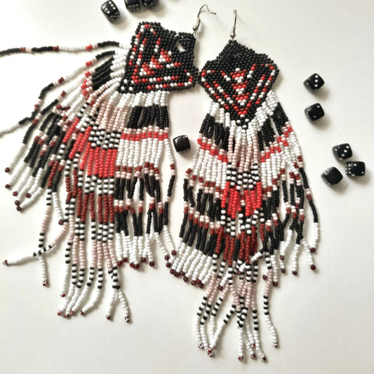 Seed Bead Fringe Earrings  Red Black White - Boho Statement Jewelry - Extra Long Beaded Earrings - Unique Gift for Her