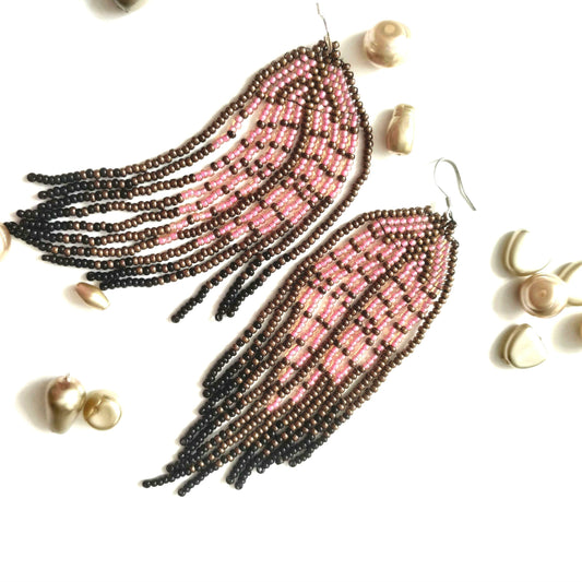 Boho Chic Pink & Bronze Leaf Statement Earrings