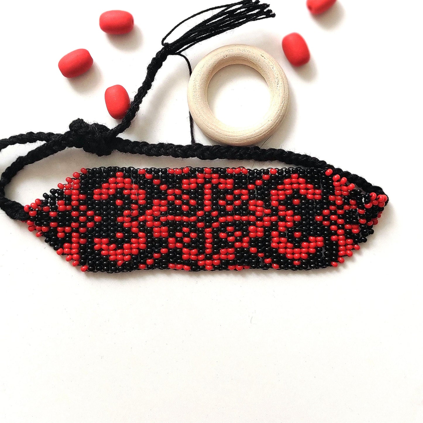 Handmade Geometric Tribal Bracelet in Red and Black, Seed Bead Jewelry, Unique Gift